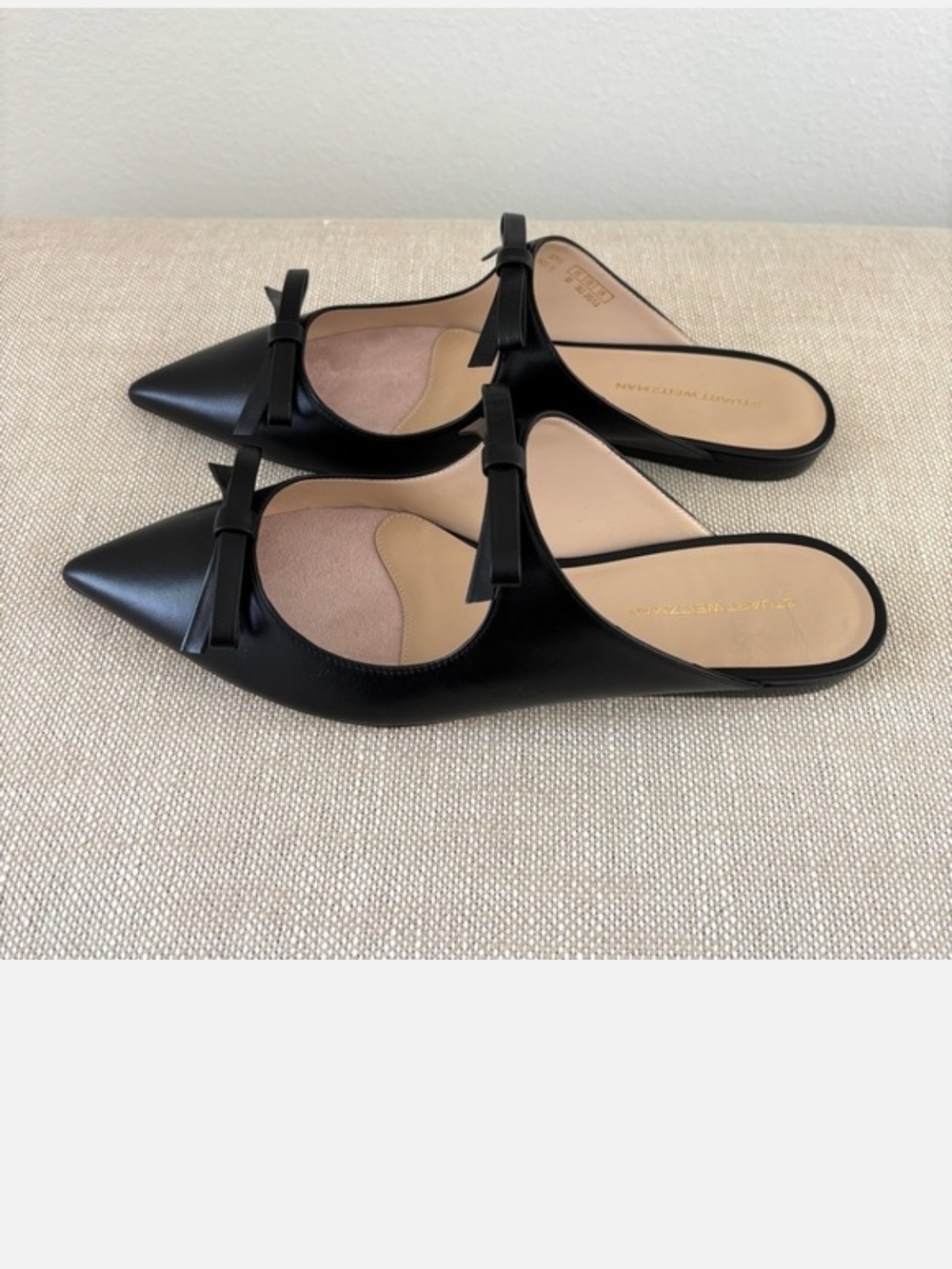 Stuart Weitzman REESE Flat Slide Black Leather Mary-Jane Bows Pointy Toes 8 - Picture 4 of 16